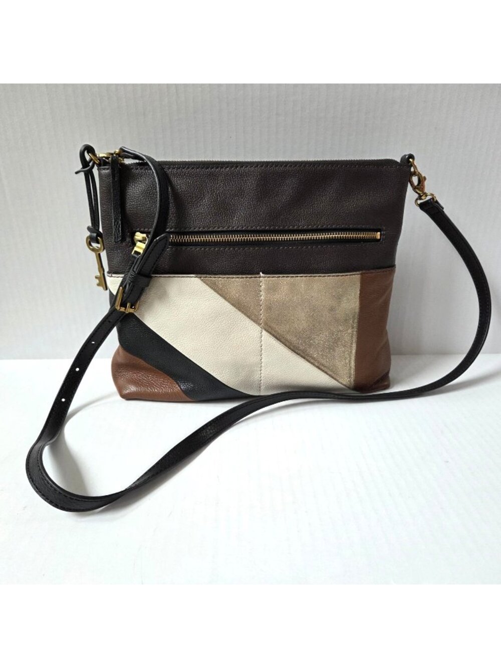 Fossil Purse Brown Patchwork Leather Fiona Large Crossbody Bag